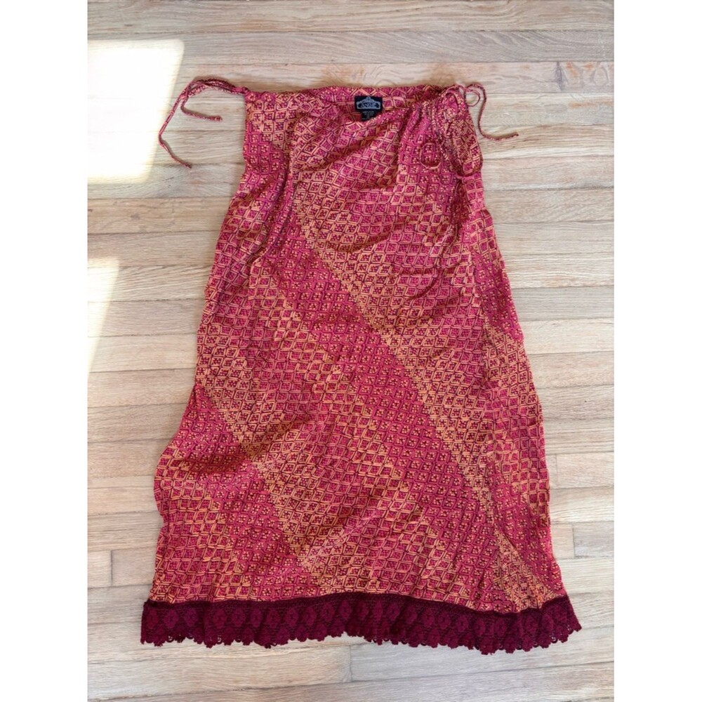 Vintage Sheer Maxi Cover Up Skirt Side Ties Bohemian Print Orange Red